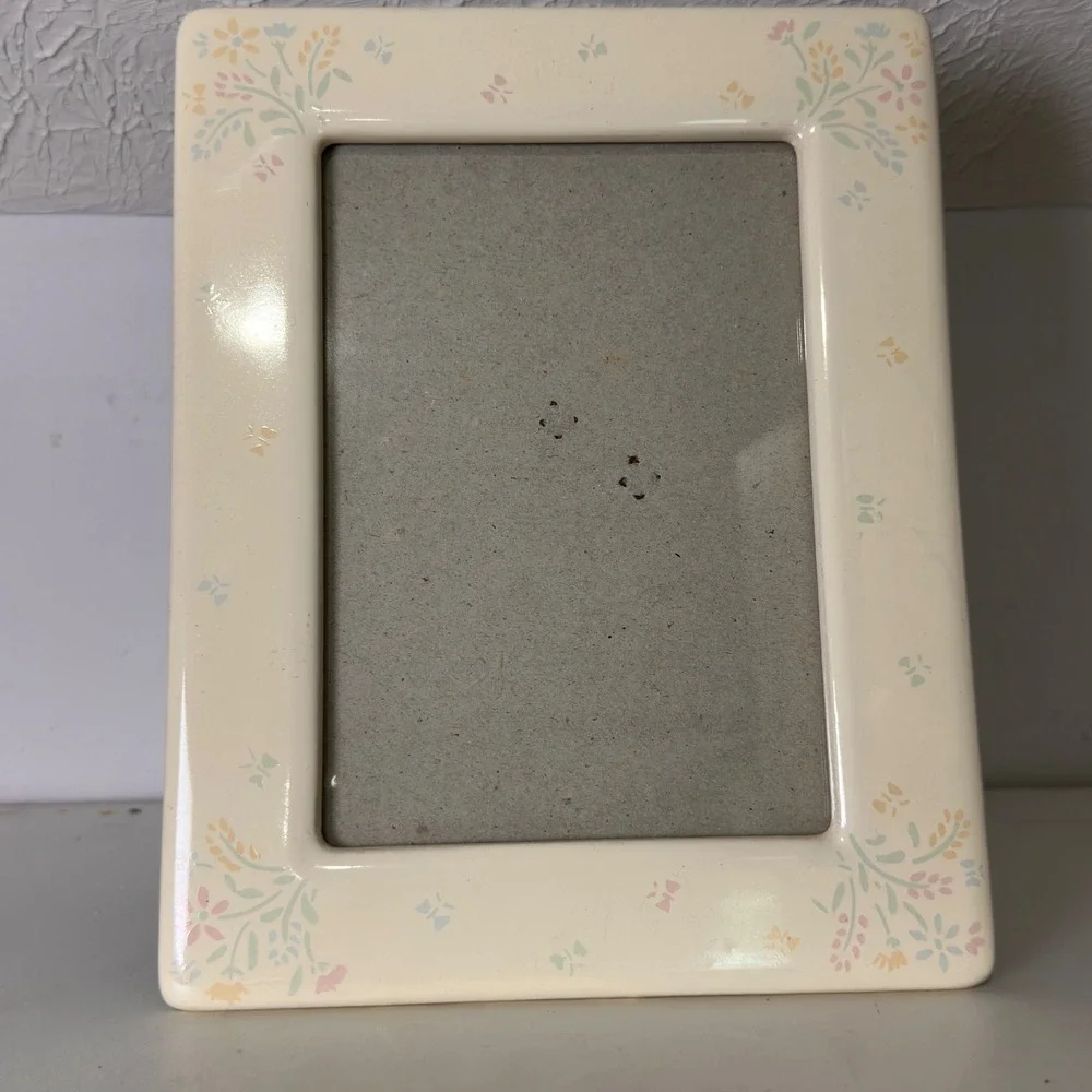 Vintage Terragrafics Ceramic Floral Butterfly Picture Frame Pastel Cream 5x7